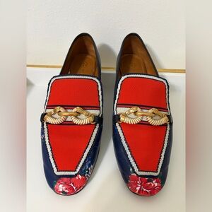 Tory Burch Red and Navy Floral Loafers with Gold Horsebit